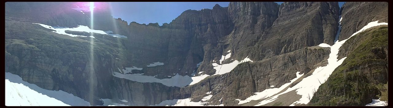 transfer print, auto post production filter, mountain, panoramic, snow, tranquil scene, scenics, tranquility, beauty in nature, nature, winter, sky, cold temperature, sunlight, mountain range, water, idyllic, day, landscape, rock - object