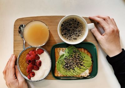 High angle view of breakfast on table