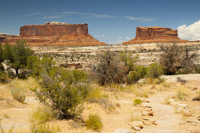 View of rock formations two buttes in canyonlands national park in utah