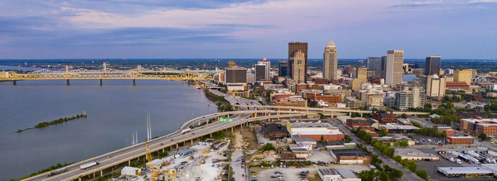 High angle view of buildings against sky