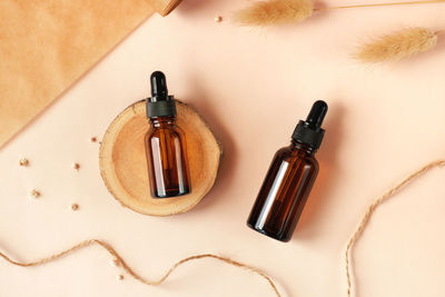 High angle view of beauty products on table