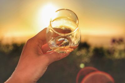 Cropped hand holding wineglass against sky during sunset