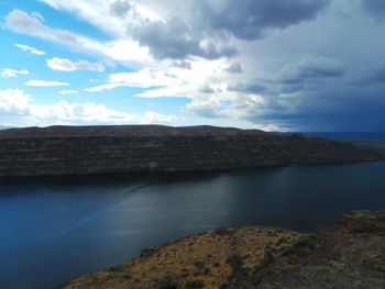 Scenic view of lake against cloudy sky