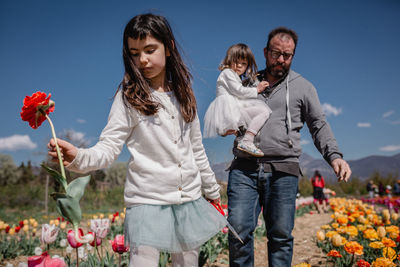 Gilr in white cardigan holding picked red tulip and walking with her famly in flower field