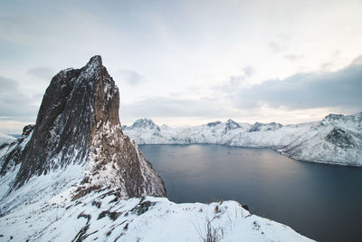 Mountain resembling a frosty rocky tooth on the senja peninsula called segla in northern norway. 