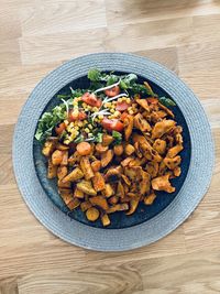 High angle view of food in plate on table