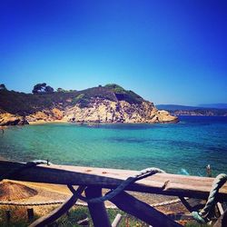 Scenic view of sea against clear blue sky