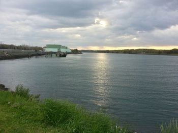 Scenic view of lake against cloudy sky