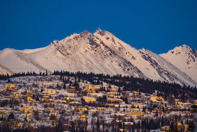 Scenic view of snowcapped mountains against clear blue sky