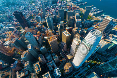 High angle view of modern buildings in city