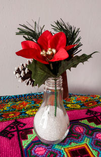 Close-up of multi colored flower vase on table at home