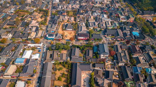 High angle view of houses in city