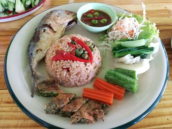 Close-up of food served on table