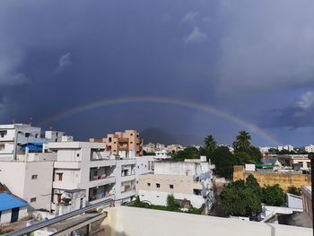High angle view of residential buildings against sky