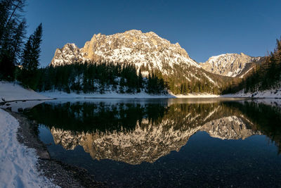 Scenic view of lake by snowcapped mountain against sky