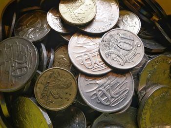 High angle view of coins