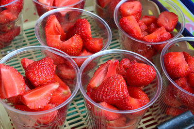 High angle view of strawberries in basket