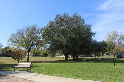 Scenic view of green landscape and trees against sky