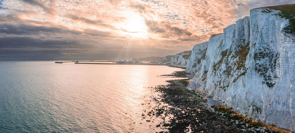 Aerial view of the white cliffs of dover. close up view of the cliffs from the sea side.