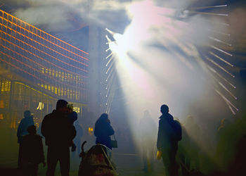 Rear view of people on street watching light show