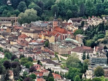 High angle view of buildings in city
