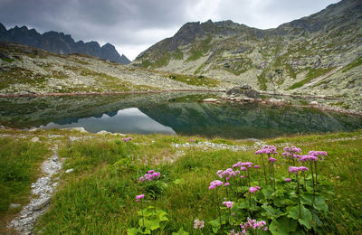 Scenic view of lake and mountains against sky