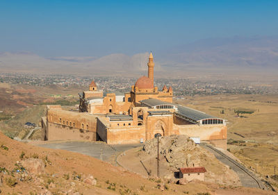 High angle view of historic building against sky