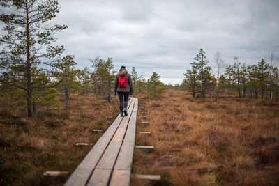 Rear view of woman walking on boardwalk against sky