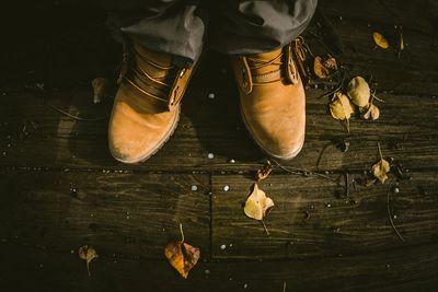 Low section of person wearing shoes standing on wooden floor