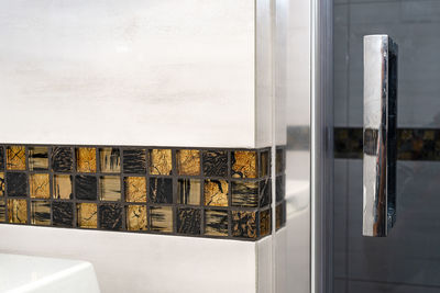 Glass door with a chrome handle in the bathroom, which is lined with decorative ceramic tiles.