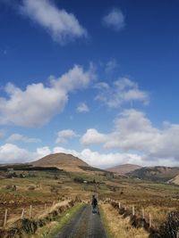 Rear view of road amidst field against sky