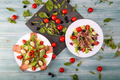 High angle view of fruits in plate on table