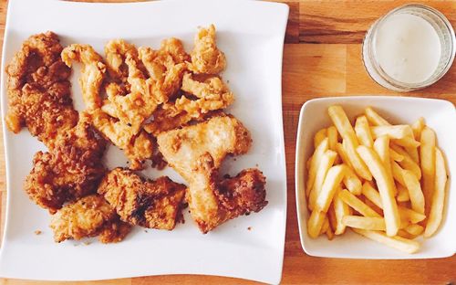 High angle view of food served on table