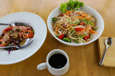 High angle view of meal served on table