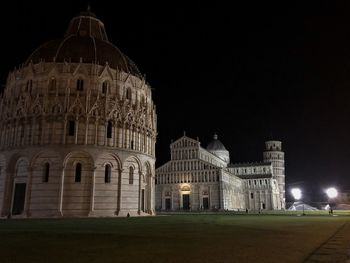 Facade of historical building at night