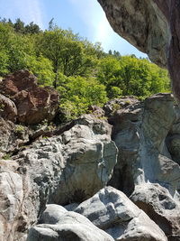 Scenic view of rock formation amidst trees against sky