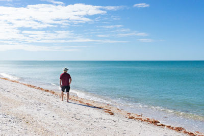 Rear view of friends on beach against sky