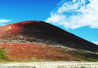 Low angle view of mountain against blue sky