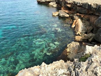 High angle view of rock formation in sea