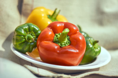 Still life shot of red, green and yellow bell pepper on ceramic dish