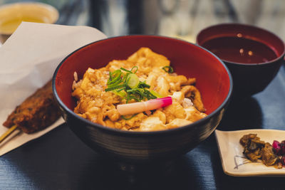 High angle view of meal served on table