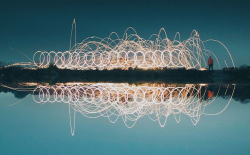 View of wire wool at lakeshore against clear sky at dusk