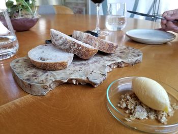 High angle view of breakfast served on table