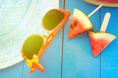 High angle view of fruits on table