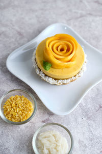 High angle view of dessert on table