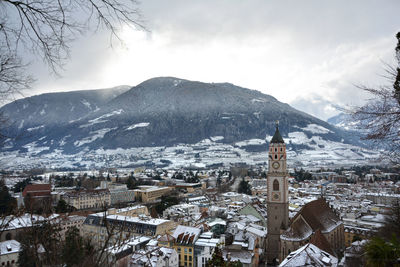 High angle view of townscape against sky during winter
