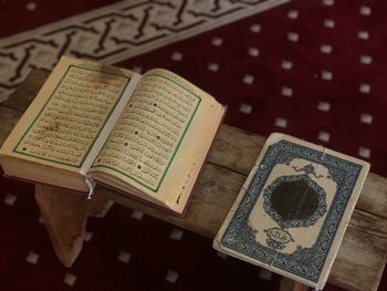 High angle view of book on table