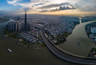 Aerial photo of ho chi minh city in the sunrise time