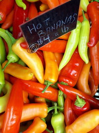 Close-up of chili peppers for sale in market