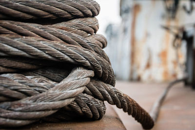 Close-up of rope tied on boat